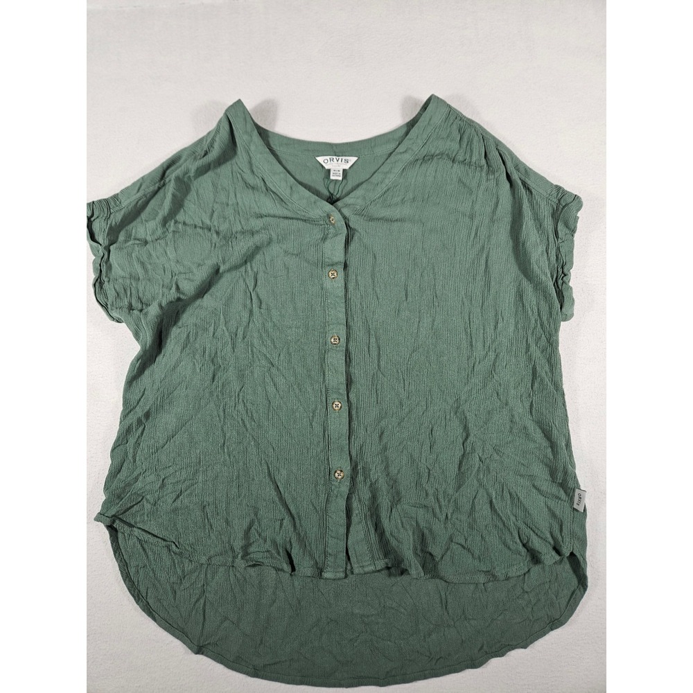Orvis Womens Green Textured Rayon Button Front Blouse Short Sleeve Top Size‎ M